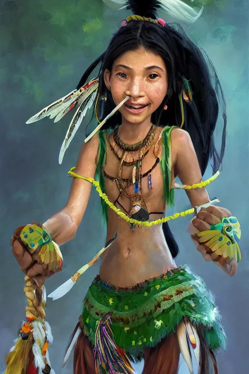 Image similar to a professional cartoony portrait of a indigenous happy kid female warrior, clothed in traditional colombian dance, long dark hair, beautiful bone structure, symmetrical facial features, green eyes, intricate, elegant and graceful, digital painting, concept art, smooth, sharp focus, illustration, finely detailed, from Rayman legends by Ruan Jia and Mandy Jurgens and Artgerm and William-Adolphe Bouguerea, award winning art, trending on Artstation