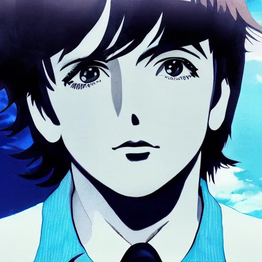 Image similar to close up anime illustration of young Paul McCartney from the Beatles, wearing a blue and white check shirt, silver sports watch, outdoors in Singapore, ufotable