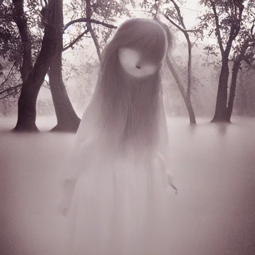 Prompt: cute fumo plush deer girl in the verdant bluff of the flooded heavenly graveyard, thick mist blowing in the wind, gothic dark maiden in tattered robes, milky white wisps of smoky wraiths, deep zoom nikon f / 2. 8, bokeh, orange volumetric fog, sepia vignette with scratches
