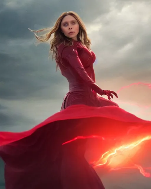 Image similar to movie still of elizabeth olsen as the scarlet witch afloat!!!!! in the air with red glowing eyes, emanating red magic!!!!! from her palms, full - body portrait, trending on artstation, 8 k quality, cgsociety contest winner, artstation hd, artstation hq, luminous lighting, beautiful cloudy atmosphere