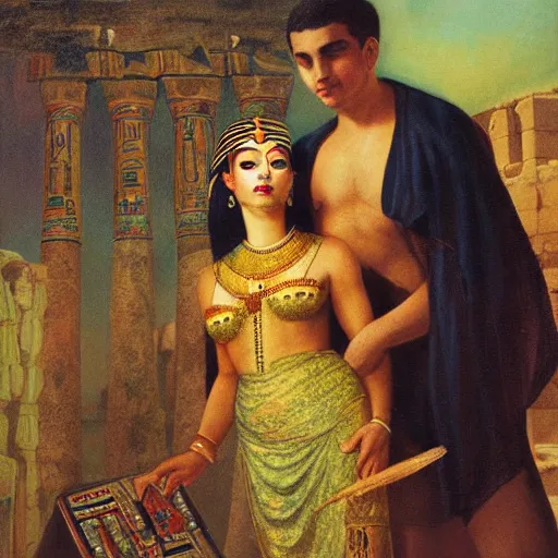 Image similar to an oil panting of cleopatra with her boyfiriend in egypt with fireworks