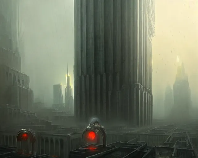 Prompt: 'The Great Eye Watches All', a digital painting of a great city being watched over by an all-seeing malevolent AI, a sci-fi digital painting by Greg Rutkowski and James Gurney, trending on Artstation, foreboding atmosphere, highly detailed