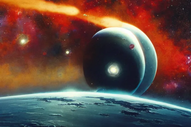 Image similar to earth-like exoplanet, cinematic, nebulas, Chris Foss