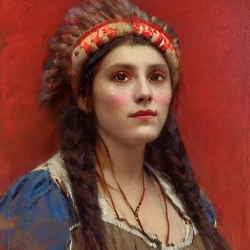 Prompt: Solomon Joseph Solomon and Richard Schmid and Jeremy Lipking victorian genre painting portrait painting of a happy young beautiful woman traditional american indian actress model old west character in fantasy costume, red background