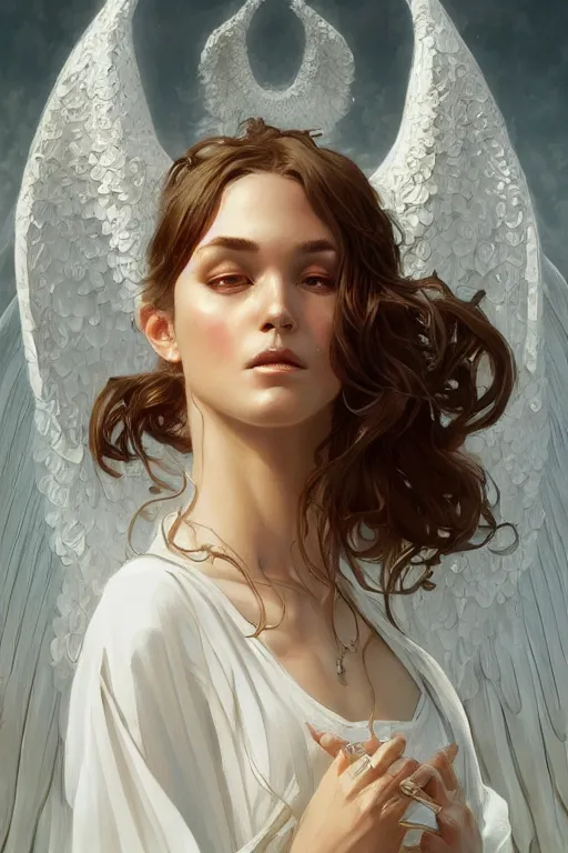 Prompt: beautiful angel in white robes, D&D, face, fantasy, intricate, elegant, highly detailed, digital painting, artstation, concept art, smooth, sharp focus, illustration, art by artgerm and greg rutkowski and alphonse mucha