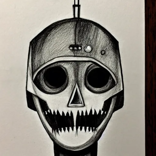 Image similar to a scary horror themed robot, drawn with charcoal and pen and ink