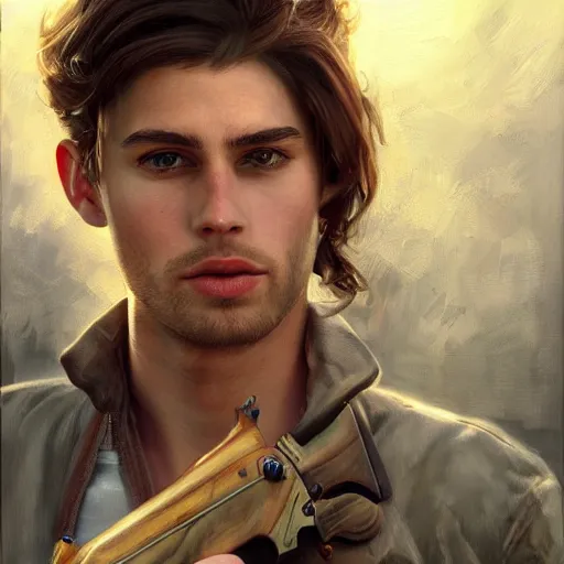 Image similar to modern oil portrait of young charming gunslinger jack, very very very very very beautiful art, masterpiece, realistic and detailed, artstation, artificial lightning