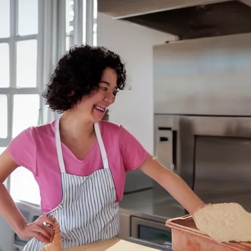 Prompt: portrait of a smiling woman with dark curly hair in a pink t-shirt shirt and high-rise jeans making sourdough in sunlit kitchen, by studio ghibli
