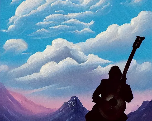 Prompt: A slightly silhouetted figure of a man with a guitar, clouds that look like mountains high in the sky, the clouds are a deep blue purple color with the sun blazing behind the clouds, deep focus, D&D, fantasy, intricate, elegant, highly detailed, digital painting, artstation, oil paint, matte, sharp focus, illustration, hearthstone, art by Ivan Aivazovsky