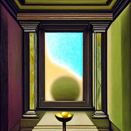 Image similar to still life painting of a room with a balcony and a marbled pedestal displaying an ancient holy blinkmoth urn artifact, centered in frame chromed and ornate with gentle iridescent shine from within. perspective from the side. realistic light and shadows. moody fantasy art, still life renaissance pastel painting. close up