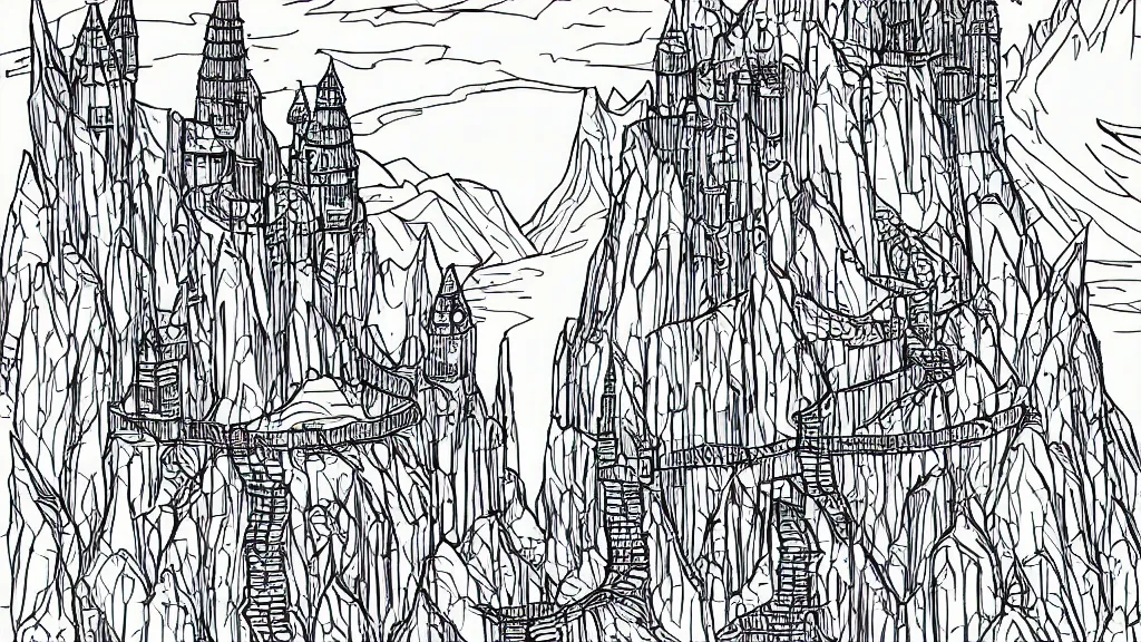 Image similar to wizard tower surrounded by mountains, lineart colored