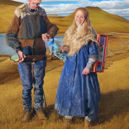 Prompt: a highly detailed painting of a young couple holding a tin can, remote icelandic village, blonde hair, trending on artstation,