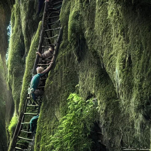 Image similar to Clever Hobbits, to climb so high, cinematic, 4k