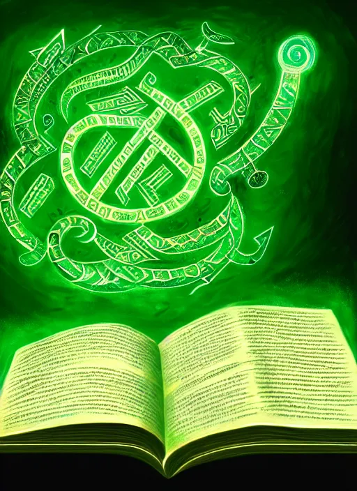 Image similar to illustration of a grand old book, arcane tome filled with green glowing runes, close up of book, runes, green glowing runes, intricate, elegant, candle light, highly detailed, digital painting, artstation, concept art, smooth, sharp focus, illustration, art by wlop, mars ravelo and greg rutkowski