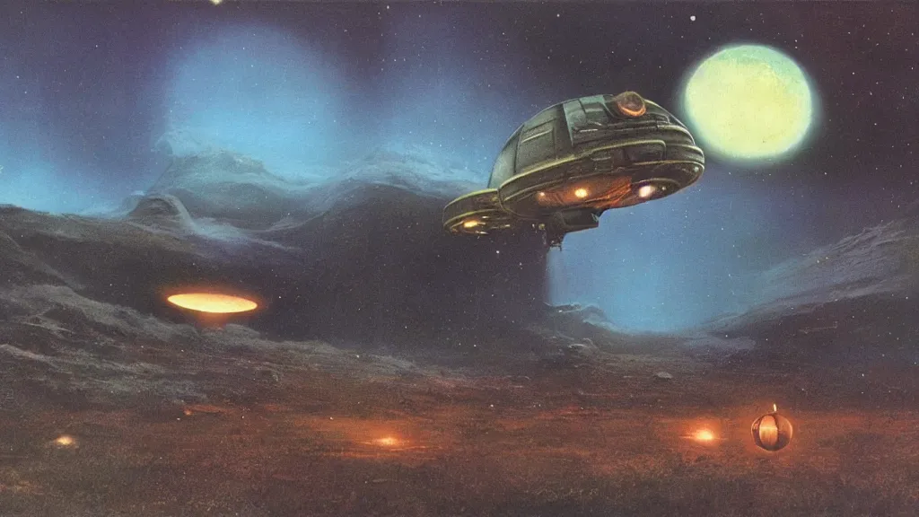 Prompt: eerie atmospheric alien planet with a small dropship pod landing by jack gaughan and bob eggleton and chris moore, epic cinematic matte painting