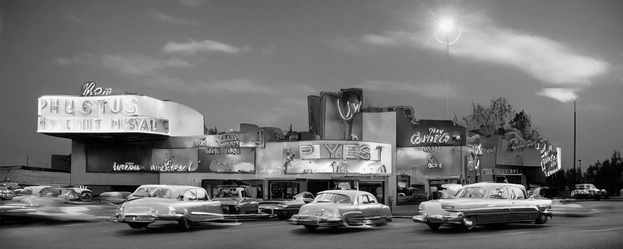 Image similar to 1 9 5 0 s drive in movie theatre, evening, focus on! spaghetti!!!, in the style of michael kenna, kodachrome,