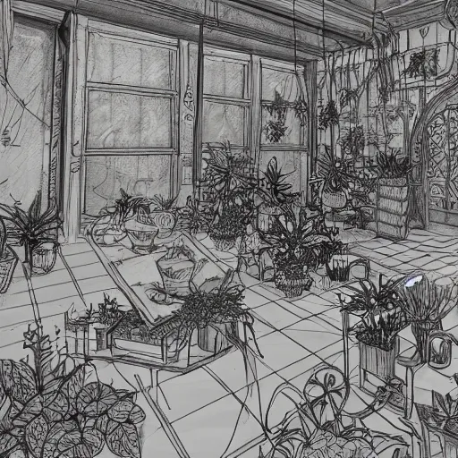 Prompt: annotated highly, detailed and intricate, sketch of a room full of plants, marker concept art style rendering, concept art, half blueprint, trending on artstation, intricate details, center frame, annotations