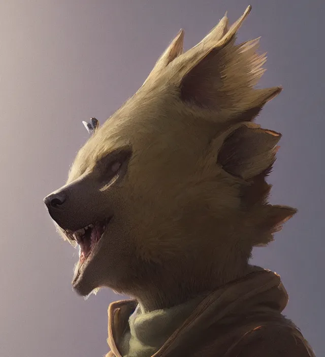 Image similar to a beautiful portrait of a handsome male anthropomorph brown hyena furry fursona wearing a hoodie. character design by cory loftis, fenghua zhong, ryohei hase, ismail inceoglu and ruan jia. artstation, volumetric light, detailed, photorealistic, rendered in octane