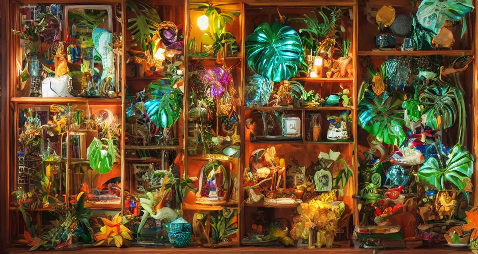 Prompt: A cabinet of wonder with a tropical collection of objects, HD, realistic picture, landscape, artificial, neon white illumination