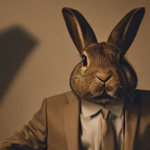 Prompt: a rabbit wearing a peak lapel suit, chiaroscuro, medium shot, cinematic promo material