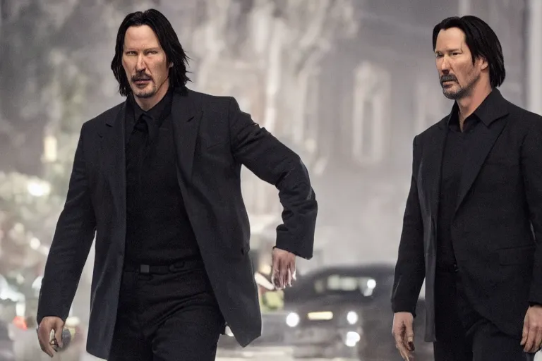 Image similar to john wack, starring keanu reeves and tom cruise, directed by chad stahelski, film still