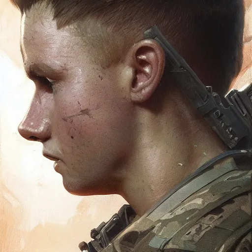 Image similar to A pale young american soldier as an Call of Duty loading screen, very detailed face, gorgeous, beautiful, intricate, highly detailed, digital painting, artstation, concept art, sharp focus, illustration, art by greg rutkowski and alphonse mucha