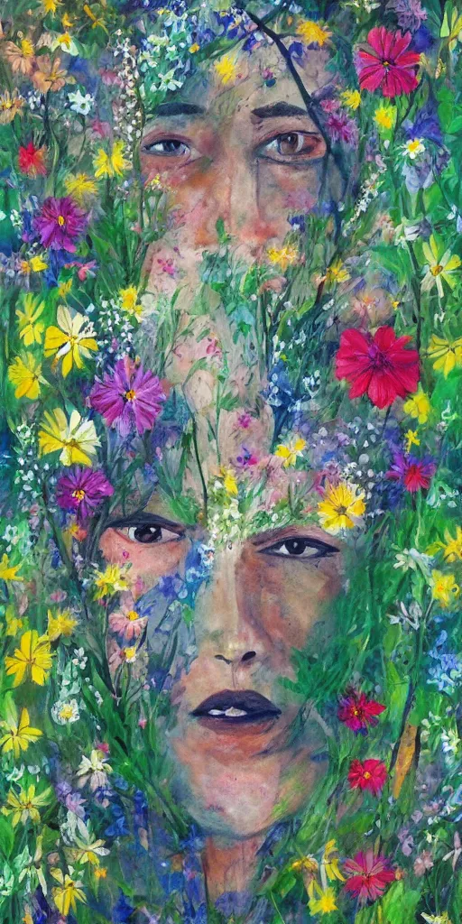 Prompt: wild flowers human face dreaming