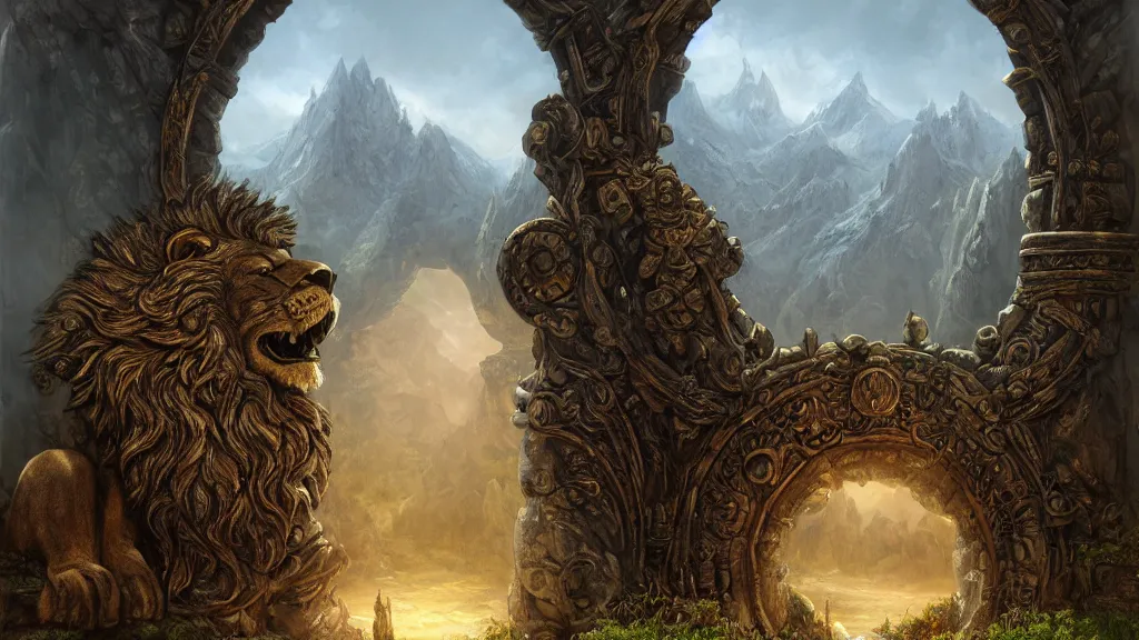 Image similar to A giant medieval fantasy portal gate with a rusty gold carved lion face at the center of it, the portal takes you to another world, full of colorful flowers on the lost Vibes and mountains in the background, spring, delicate fog, sea breeze rises in the air, by andreas rocha and john howe, and Martin Johnson Heade, featured on artstation, featured on behance, golden ratio, ultrawide angle, f32, well composed