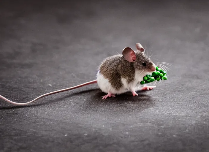 Prompt: a photograph of a cute mouse eating peas