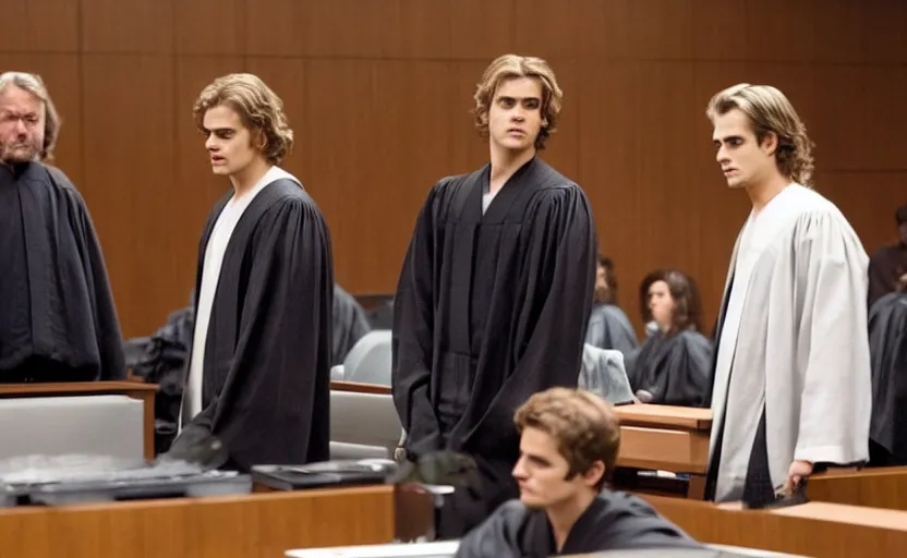 Image similar to anakin skywalker played by hayden christensen in jedi robes talking to saul goodman in a suit in court, us court, better call saul scene 1 0 8 0 p, court session images, realistic faces