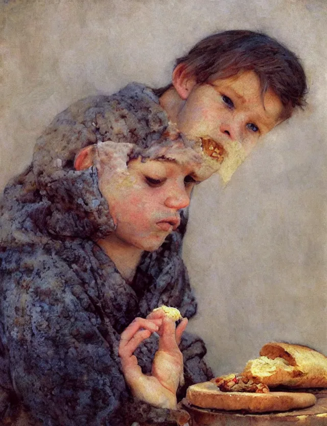 Image similar to portrait of peasant boy biting a bread, cottage core, cinematic focus, polaroid photo bleached vintage pastel colors high - key lighting, soft lights, foggy, by steve hanks, by lisa yuskavage, by serov valentin, by tarkovsky, detailed, oil on canvas