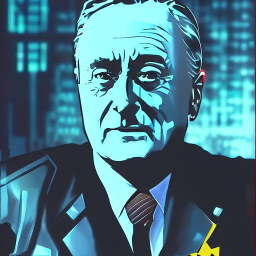 Prompt: cyberpunk franklin delano roosevelt as the leader of a futuristic communist nation, cybernetics, sharp lines, digital, artstation, colored in