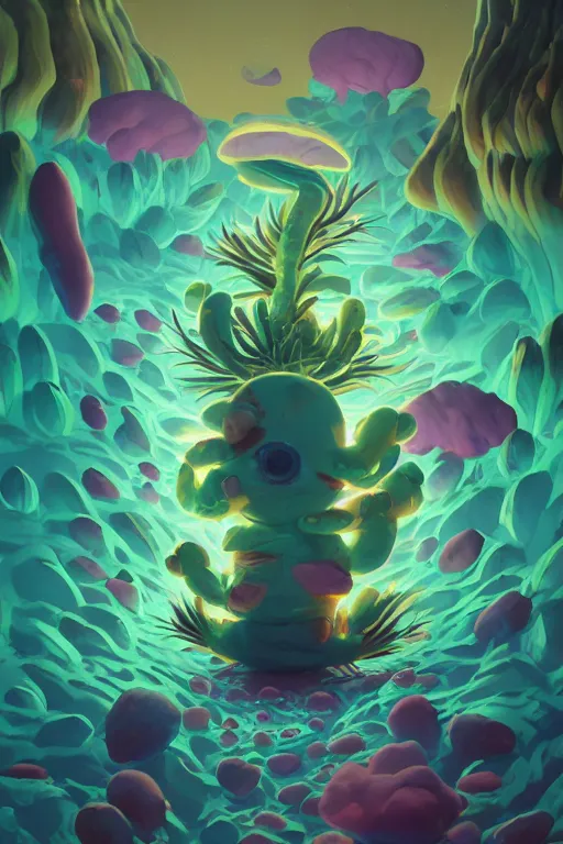 Image similar to roots cactus sushi cristal smurf ghost creature animal sushi cristal very big eye roots cactus elemental flush of force nature micro world fluo fishscale, behance hd by jesper ejsing, by rhads, makoto shinkai and lois van baarle, ilya kuvshinov, rossdraws radiating a glowing aura global illumination ray tracing hdr