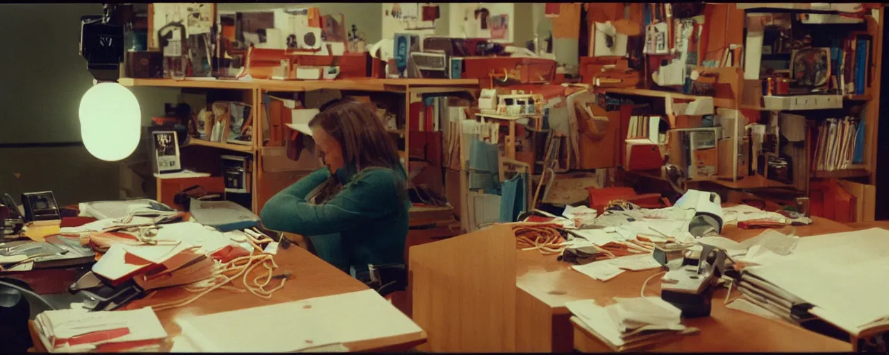 Image similar to security cam footage of someone with their head on spaghetti at their desk, at work, kodachrome, in the style of wes anderson, retro!! no repeat!!