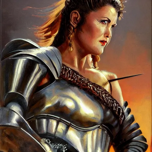 Prompt: portrait of lucy lawless wearing armor and holding sword by frank fazetta, fantasy, barbarian