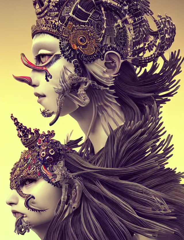 Image similar to 3 d goddess close - up profile portrait with crown, ram skull. beautiful intricately detailed tribal japanese crow kitsune mask and clasical japanese kimono. betta fish, jellyfish phoenix, bio luminescent, plasma, ice, water, wind, creature, artwork by tooth wu and wlop and beeple and greg rutkowski