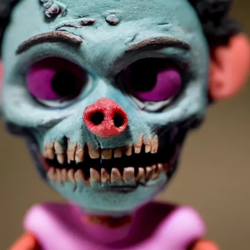 Prompt: a cinematic film still of a claymation stop motion film starring a cute zombie, shallow depth of field, 8 0 mm, f 1. 8