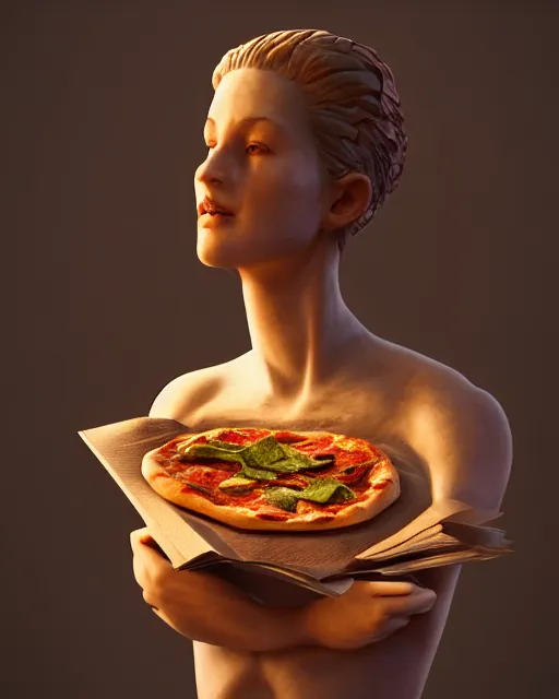 Prompt: Beautiful art portrait of statue of a female made of pizza, atmospheric lighting, intricate detail, cgsociety, hyperrealistic, octane render, RPG portrait, ambient light, dynamic lighting,