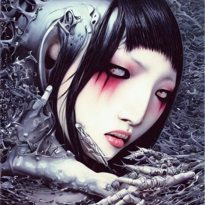 Image similar to cruel korean goth girl, cute, full body, spikes, latex, rubber, anime aesthetic, chibi, hyperrealistic, detailed, smooth, very smooth, brushwork, digital painting, sharp focus, concept art, fantasy, by junji ito, by bruce pennington, by annie leibovitz