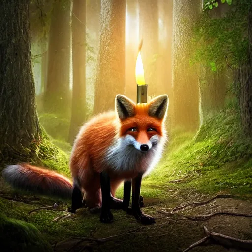 Prompt: a beautiful hyper realistic ultra detailed lifelike matte painting of a fox in front of a candle in a forest, unreal engine, deviantart, flickr, artstation, octane render, textured, colorful, extreme realistic detail, physically based rendering, pbr render, very detailed, volumetric lighting, detailed lighting, octane render, 4 k, cinematic lighting, 8 k resolution