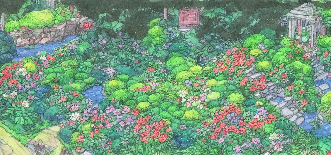 Prompt: ghibli isometric watercolor garden