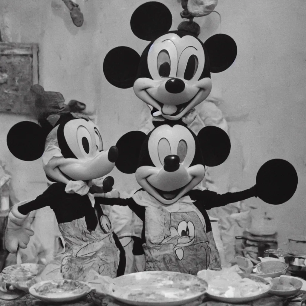 Prompt: an old demented mickey mouse queuing for a bowl of soup