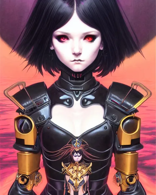 Image similar to portrait of beautiful cute goth girl in warhammer cyber armor, art by kuvshinov ilya and wayne barlowe and gustav klimt and artgerm and wlop