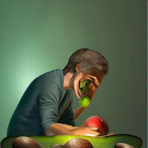 Image similar to man in a cave eating an avocado, ultrarealistic, photorealism, golden ratio, art canvas, award winning, masterpiece, trending on artstation 8 k 1 5 0 mpx