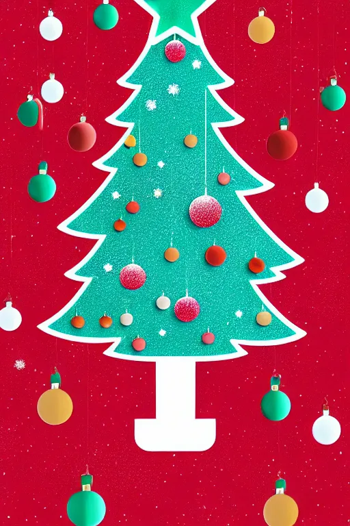 Image similar to flat illustration rainbowcore neo - scandi christmas tree with kitchen glitzy baubles, star, bird decorations, silver pink white red mood, highly detailed digital art masterpiece, smooth etienne sandorfi eric zener dramatic pearlescent soft teal light, ground angle hd 8 k, sharp focus