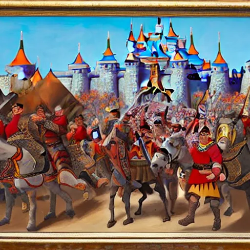 Image similar to genghis khan and his mongol horde ransacking disneyland, oil on canvas