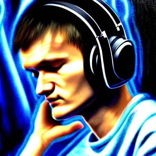 Prompt: vitalik buterin in big headphones with closed eyes listens to music with black background, wayne barlow, bao pham, donato giancola, larry elmore, masterpiece, trending on artstation, featured on pixiv, cinematic composition, beautiful lighting, sharp, details, hyper - detailed, hdr, 4 k, 8 k