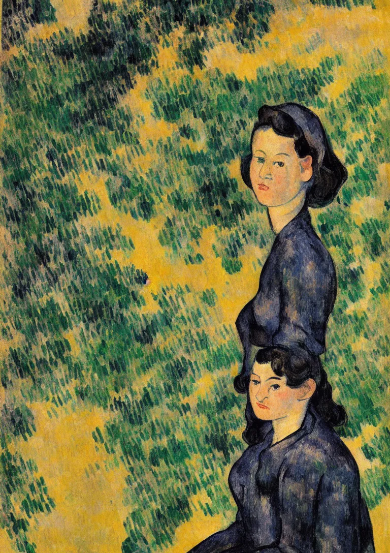 Image similar to a portrait of a young woman from the fifties, seated in front of a landscape background, her black hair is a long curly, she wears a dark green dress pleated in the front with yellow sleeves, puts her right hand on her left hand, post - impressionism, cezanne, gaugin, van gogh, seurat