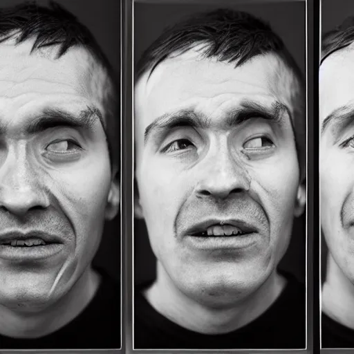Prompt: man with paralyzed facial muscles, photo portraits