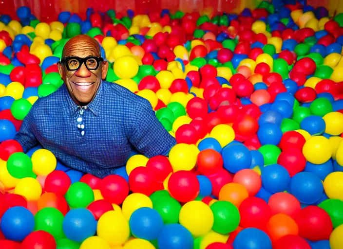 Image similar to photo still of al roker in a ball pit!!!!!!!! at age 4 6 years old 4 6 years of age!!!!!!!! hiding from parents, 8 k, 8 5 mm f 1. 8, studio lighting, rim light, right side key light